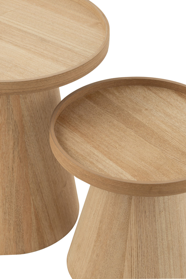 Ensemble de 2 tables d'appoint rondes avec bords en bois naturel.