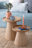 Ensemble de 2 tables d'appoint rondes avec bords en bois naturel.