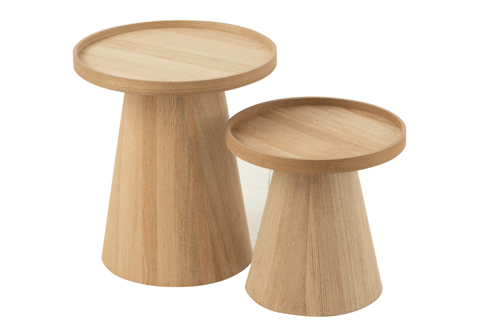Ensemble de 2 tables d'appoint rondes avec bords en bois naturel.