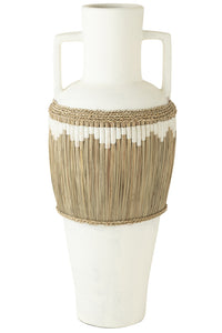 Motif de vase + poignées en terre cuite / jonc de mer blanc / naturel