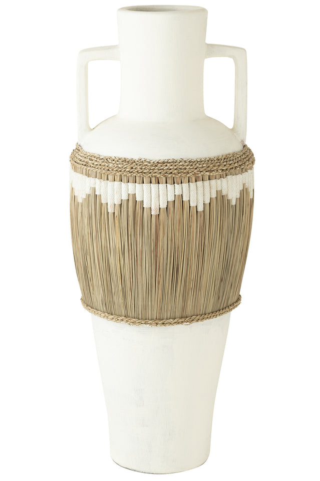 Motif de vase + poignées en terre cuite / jonc de mer blanc / naturel