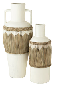 Motif de vase + poignées en terre cuite / jonc de mer blanc / naturel