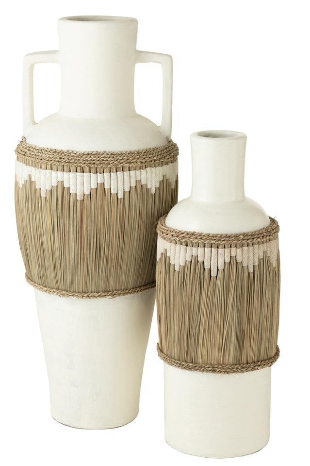 Motif de vase + poignées en terre cuite / jonc de mer blanc / naturel